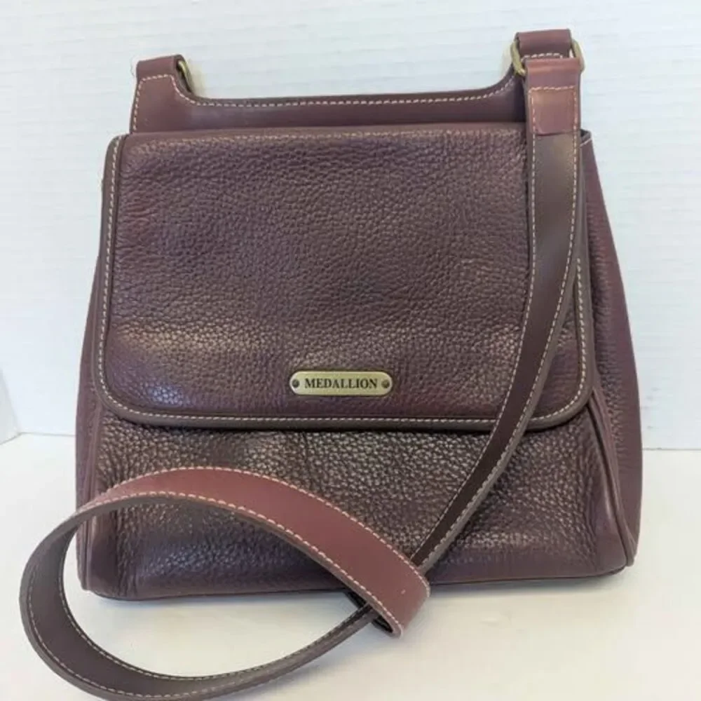 Maroon Medallion Thick Cut Leather Crossbody Bag Purse 10x9x3
